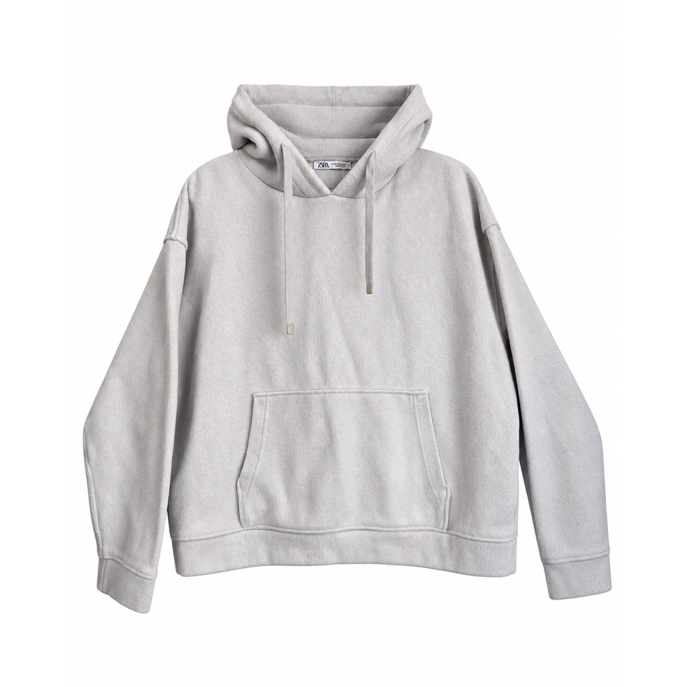 Zara Womens Light Grey Fleece Hoodie Sweatshirt Size M Kangaroo Pocket Relaxed